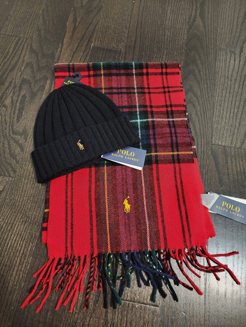 Polo by Ralph Lauren Men's Black Wool Beanie and Red Plaid Scarf Set